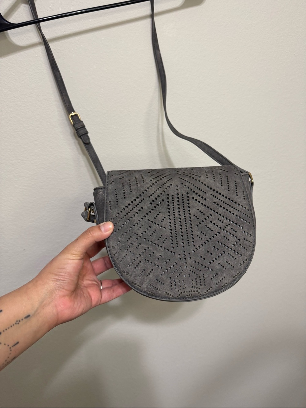 Kohl's Gray Perforated Suede Crossbody Saddle Bag